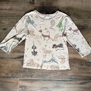 Cactus Womens Y2K Whimsy Cat Paisley Print Rhinestone 3/4 Sleeve Top, Cream,M